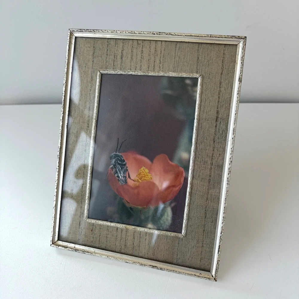 Vintage 4x6 Tabletop Picture Frame Gold Faux Wood Silver Ornate Trim Mid Century